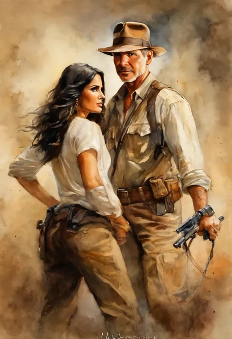 Indiana jones (Harrison Ford) with Indiana Jones (Salma Hayek) with a grey Pitbull ,high quality.