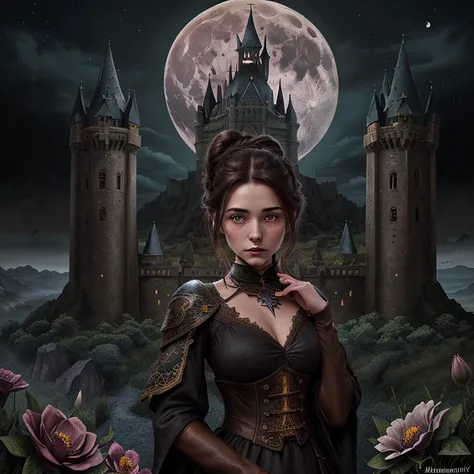 (masterpiece),(best quality), illustration, (fantasy:1.4), witch, cute detailed digital art, beautiful face, brown hair, hair up, castle, mountain, dark color long dress, a moon, flowers , paper_cut