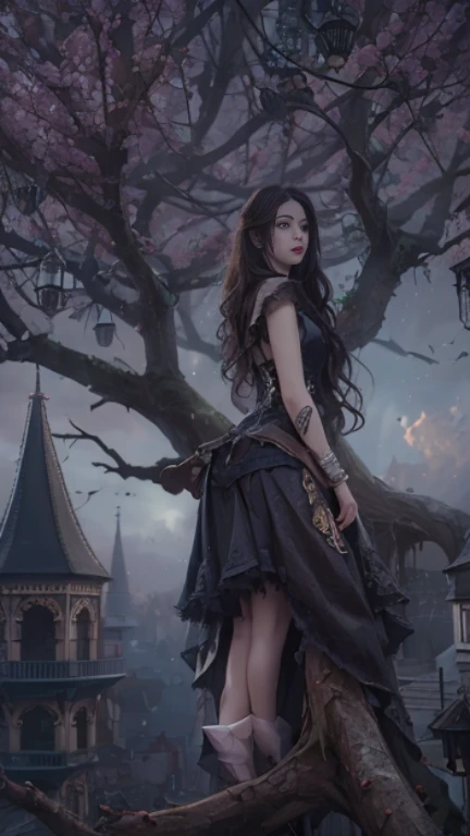 hyper realistic picture, nsfw, a girl standing on the tree and wears a luxurious gothic dress. She has all dark for make up, and she looking at the bottom, camera angle at bottom on her toes. she absolutley stunning and having very long dark hair