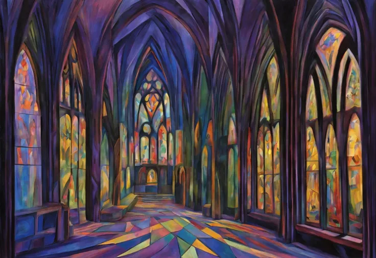 In the dimly lit depths of a Gothic cathedral, capture the essence of Gothic aesthetic in a Paul Gauguin-inspired masterpiece. Illuminate the scene with ethereal hues, blending rich purples, deep blues, and mysterious greens. Envision a solitary figure dra...