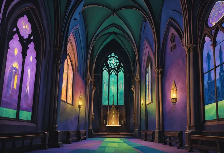 In the dimly lit depths of a Gothic cathedral, capture the essence of Gothic aesthetic in a Paul Gauguin-inspired masterpiece. Illuminate the scene with ethereal hues, blending rich purples, deep blues, and mysterious greens. Envision a solitary figure dra...