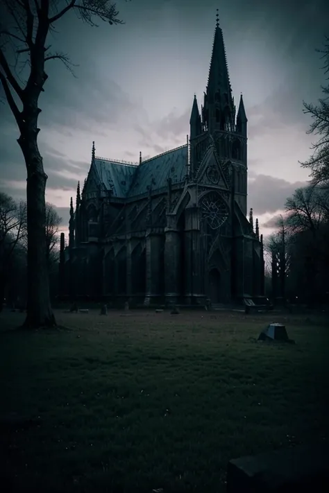 Create a stunning and ominous gothic aesthetic image. The scene should be set at twilight, with a crumbling gothic cathedral in the background, surrounded by ancient gravestones and twisted trees. A full moon should be rising in the distance, casting long ...