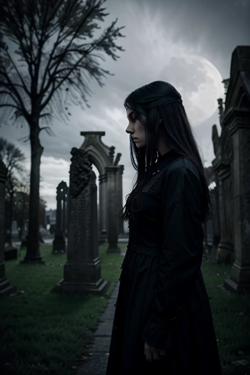 Create a stunning and ominous gothic aesthetic image. The scene should be set at twilight, with a crumbling gothic cathedral in the background, surrounded by ancient gravestones and twisted trees. A full moon should be rising in the distance, casting long ...