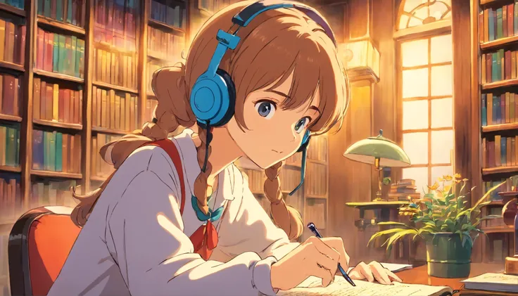 retro library、Woman studying、wearing headphones