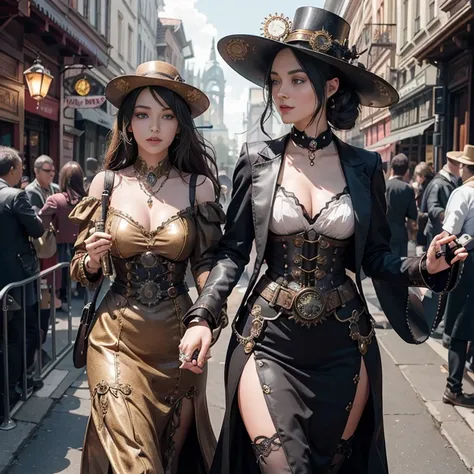 Theres a beautiful woman radiating charisma, dressed in a captivating Steampunk outfit. She dons a stunning hat with intricate gears adorning its rim, turning heads with every step she takes. A steam-powered gun is held firmly in her hand, its metallic shi...