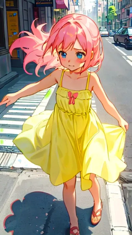 Character Concept Design: A young girl with charming pink hair and a captivating expression. She is dressed in an adorable sundress, the hem of which plays coyly above her knees as she takes a shy pause, looking away from the onlookers. Embarrassment tinge...