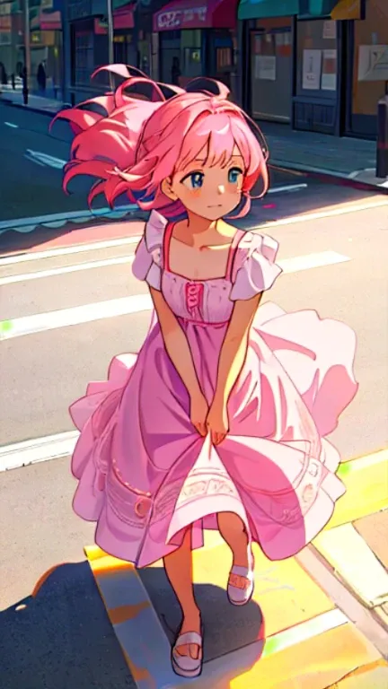 Character Concept Design: A young girl with charming pink hair and a captivating expression. She is dressed in an adorable sundress, the hem of which plays coyly above her knees as she takes a shy pause, looking away from the onlookers. Embarrassment tinge...