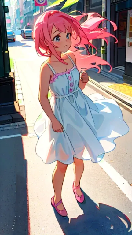 Character Concept Design: A young girl with charming pink hair and a captivating expression. She is dressed in an adorable sundress, the hem of which plays coyly above her knees as she takes a shy pause, looking away from the onlookers. Embarrassment tinge...