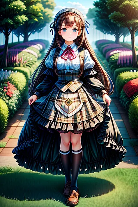 1girl,masterpiece,best quality,teen,14 years old,school girl,long hair,brown hair,white vest,cyan blouse,plaid skirt,kneehighs,full body,gothic lolita,smile.garden