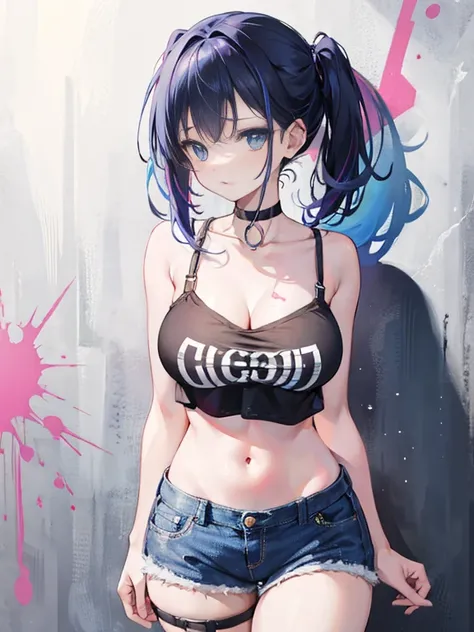 Masterpiece, best quality, 1girls absurdist solo pose displays her streaked hair cascading down her shoulders, a crop top revealing her midriff, denim shorts hugging her hips, and a choker adorned neck. Graffiti art covers the background, with paint splatt...