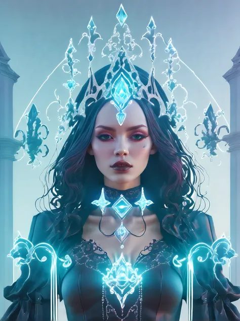 （Game ace:1.5，rotational symmetry），(gothic aesthetic:1.8)，（cowboy shots），Minimalist composition，waves，Female magician，Delicate crystal headdress，Exquisite crystal armor，Electroluminescence，dreamy glow，concept digital art，Sky blue gray，（Very detailed，Reason...