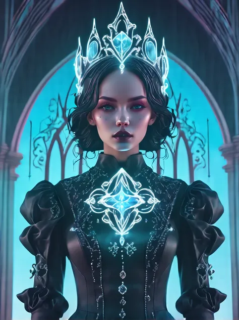 （Game ace:1.5，rotational symmetry），(gothic aesthetic:1.8)，（cowboy shots），Minimalist composition，waves，Female magician，Delicate crystal headdress，Exquisite crystal armor，Electroluminescence，dreamy glow，concept digital art，Sky blue gray，（Very detailed，Reason...