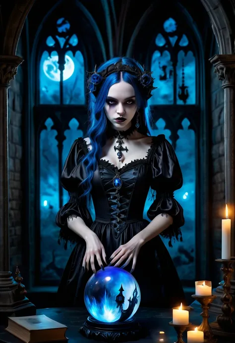 (gothic aesthetic:1.8)，Under the moonlight，The witch casts a spell on the crystal ball in front of her，（There is a castle in the crystal ball），The witchs eyes glowed with blue flames，Electroluminescence，dreamy glow，anatomically correct，（lifelike，masterpiec...