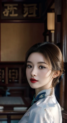 original，masterpiece，Super detailed photos，best quality，ultra high resolution，photo reality，Sunlight，full body portrait，stunningly beautiful，，dynamic poses，delicate face，vibrant eyes，（View from the side），((Beautifully_blue_On the cheongsam))，On the cheongs...