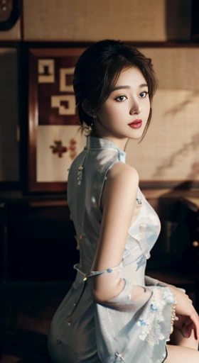 original，masterpiece，Super detailed photos，best quality，ultra high resolution，photo reality，Sunlight，full body portrait，stunningly beautiful，，dynamic poses，delicate face，vibrant eyes，（View from the side），((Beautifully_blue_On the cheongsam))，On the cheongs...