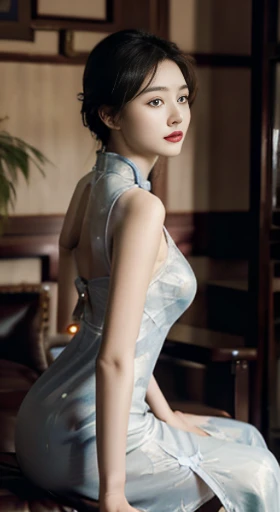 original，masterpiece，Super detailed photos，best quality，ultra high resolution，photo reality，Sunlight，full body portrait，stunningly beautiful，，dynamic poses，delicate face，vibrant eyes，（View from the side），((Beautifully_blue_On the cheongsam))，On the cheongs...