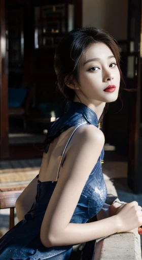 original，masterpiece，Super detailed photos，best quality，ultra high resolution，photo reality，Sunlight，full body portrait，stunningly beautiful，，dynamic poses，delicate face，vibrant eyes，（View from the side），((Beautifully_blue_On the cheongsam))，On the cheongs...