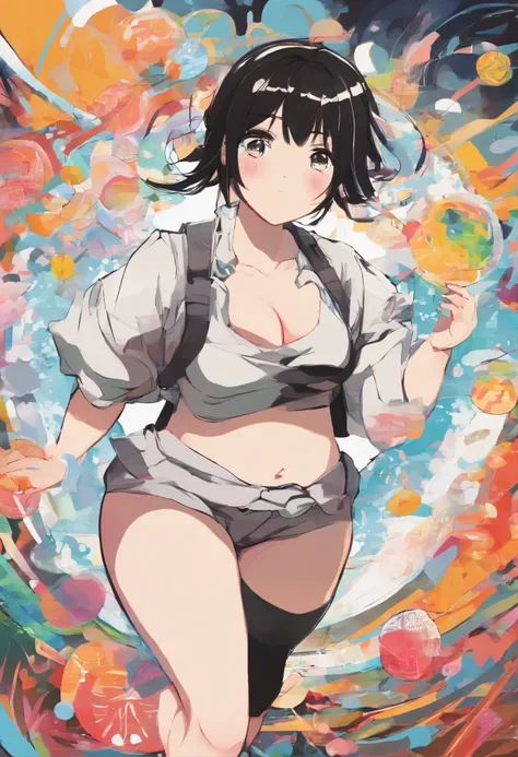 chubby woman, black hair, shortcut, round eyes,Navel exposed,stomach