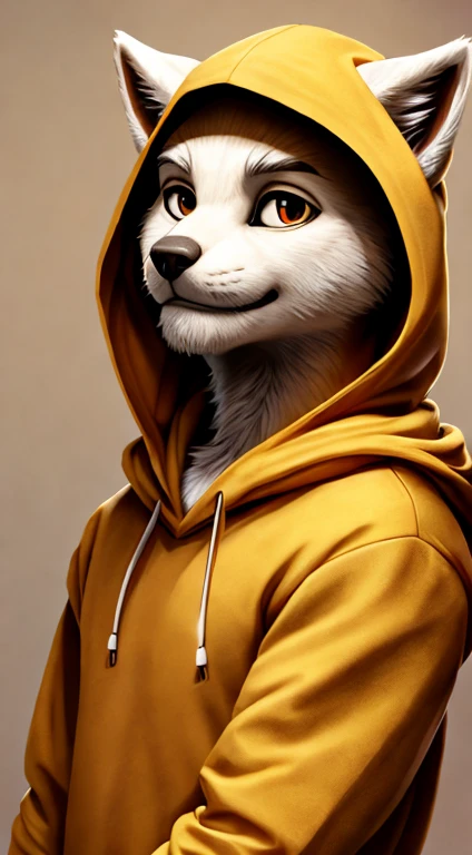 anthropomorphic golden fur kitten, yellow hooded hoodie, wearing a hood, facing the front and talking,