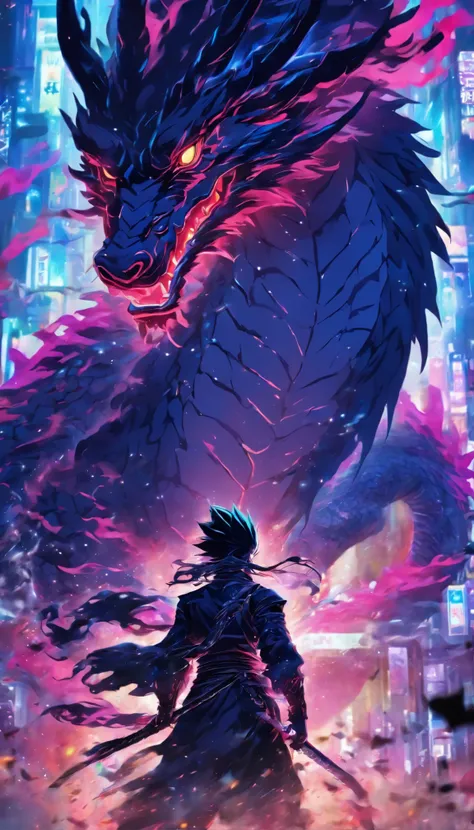 style chinois，plan moyen, the scene is，The Future Warrior stands in front of a giant transparent black dragon，tendre les mains，Tient une épée dans sa main droite, il affronte le dragon，Long messy hair，effet lumineux，hyper realistic，Ultra photo réaliste，Sty...