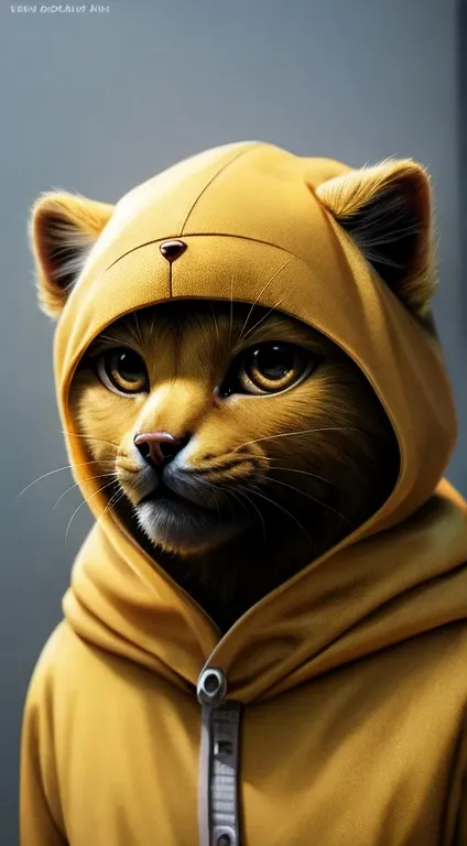 Cute kitten with anthropomorphic golden fur, 4 heads, yellow bear animal pajamas, wearing a hood, talking to the front, realistic depiction, not animated, not illustrative, not 3Ð model