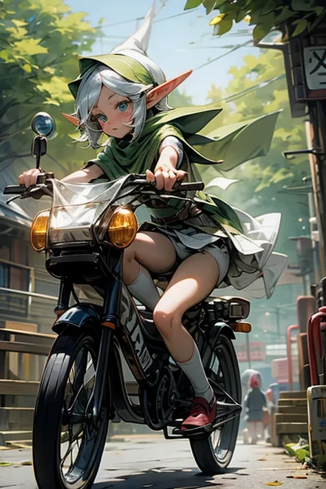 elf cute anime girl riding a bicycle, miniskirt, white panties,
