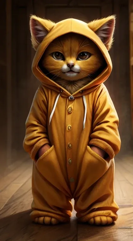 Cute kitten with anthropomorphic golden fur, two-headed, full-length figure, upright, yellow bear animal pajamas, wearing a hood, talking to the front, realistic depiction, not anime-style, not illustrative, not 3Ð model, not bust-up