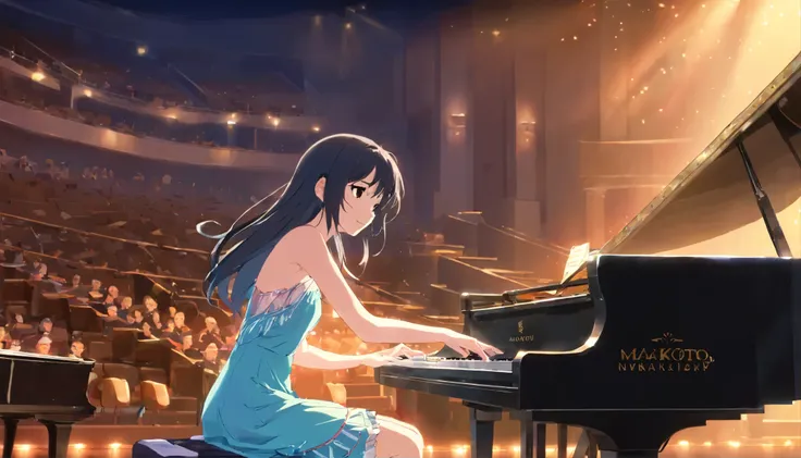 Full body figure wearing a dress on stage and playing the piano alone at a recital、beautiful girl with long black hair