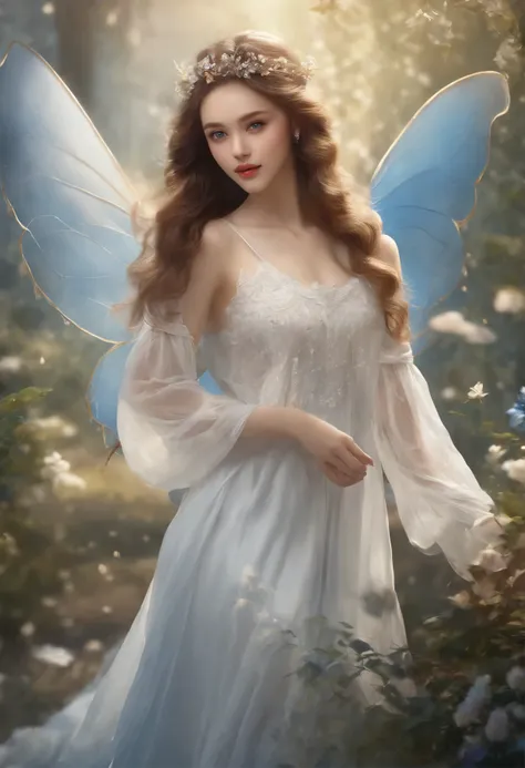 girl with、Walking in bright white clothes、Among the fairies in beautiful and realistic clothes、Ultra detailed and precise、High level of image quality、peace master、best quality、Ultra-detailed、blue eyes、