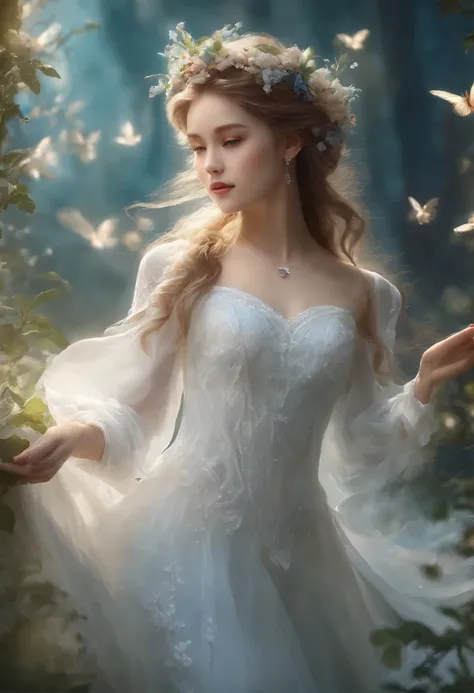 girl with、Walking in bright white clothes、Among the fairies in beautiful and realistic clothes、Ultra detailed and precise、High level of image quality、peace master、best quality、Ultra-detailed、blue eyes、