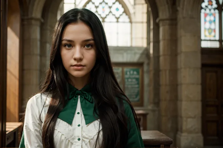 A beautiful and slender young girl with long, flowing black hair and piercing green eyes. She has a fair complexion and a perfect nose and mouth. She is wearing a Hogwarts uniform, and she looks confident and determined.