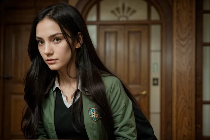 A beautiful and slender young girl with long, flowing black hair and piercing green eyes. She has a fair complexion and a perfect nose and mouth. She is wearing a Hogwarts uniform, and she looks confident and determined.