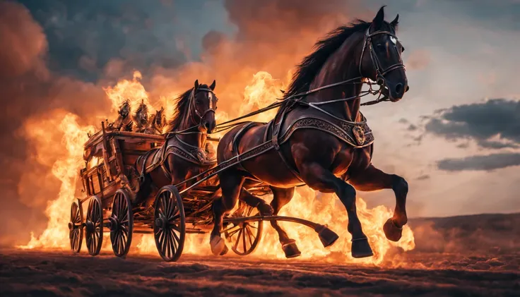 chariot and horses made of fire, flying in the sky. Photography, Very Detailed, Epic, Ultra Realistic, 8k