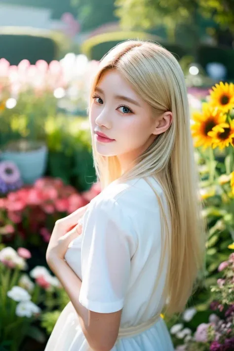 blonde　woman　20-year-old　Slender　Being in a flower garden　He is posing with his right hand on his right cheek.　The wind is blowing　