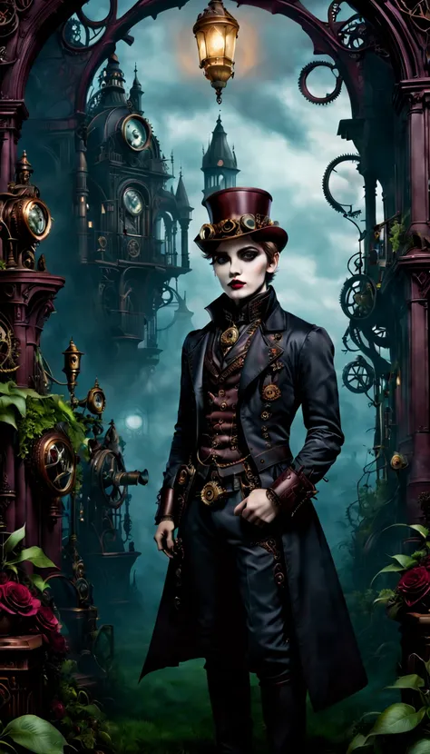 (gothic aesthetic,victorian-inspired,steampunk,dark,romantic,haunting,) in a dark, mysterious setting, a boy with a victorian-in...