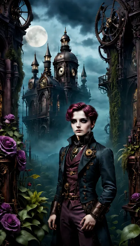 (gothic aesthetic,Victorian-inspired,steampunk,dark,romantic,haunting,) In a dark, mysterious setting, a boy with a Victorian-inspired outfit stands in a gothic garden. He has beautifully detailed eyes, with long eyelashes that draw attention. Her lips are...