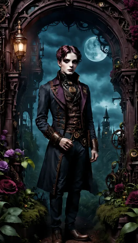 (gothic aesthetic,Victorian-inspired,steampunk,dark,romantic,haunting,) In a dark, mysterious setting, a boy with a Victorian-inspired outfit stands in a gothic garden. He has beautifully detailed eyes, with long eyelashes that draw attention. Her lips are...