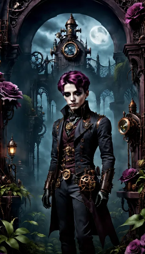 (gothic aesthetic,Victorian-inspired,steampunk,dark,romantic,haunting,) In a dark, mysterious setting, a boy with gothic outfit stands in a gothic garden. He has beautifully detailed eyes, with long eyelashes that draw attention. His scar is also detailed,...