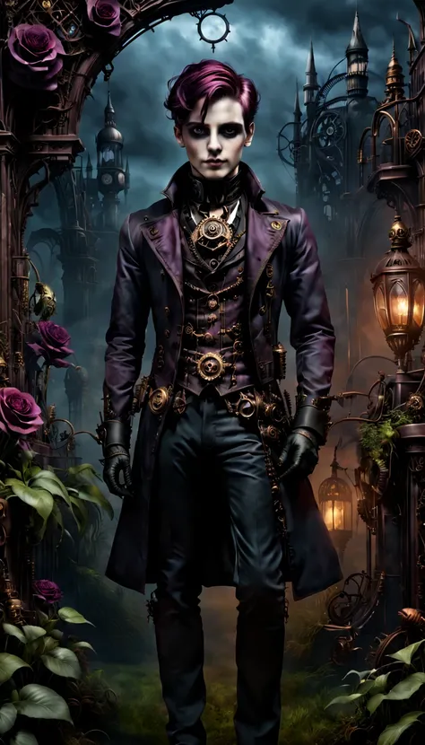 (gothic aesthetic,victorian-inspired,steampunk,dark,romantic,haunting,) in a dark, mysterious setting, a boy with gothic outfit ...