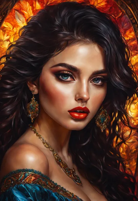 beautiful detailed eyes, detailed lips, extremely detailed face, long eyelashes, seductive expression, dark and lustrous hair, voluptuous figure, intricate and sexy clothing, alluring pose, fantasy background, vibrant colors, dramatic lighting, oil paintin...