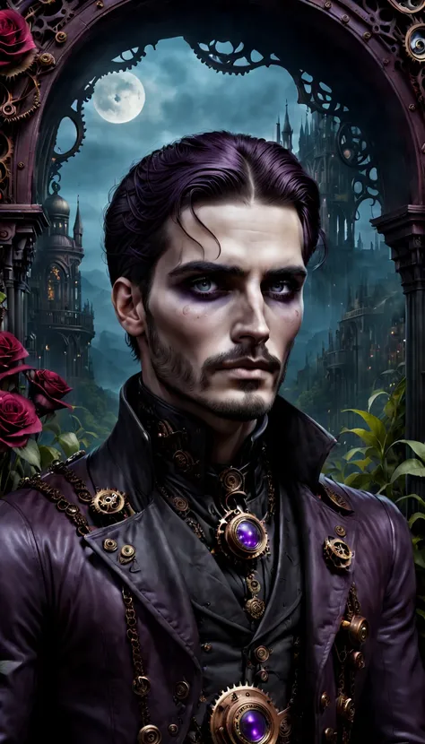 (gothic aesthetic,victorian-inspired,steampunk,dark,romantic,haunting,) in a dark, mysterious setting, a man with gothic outfit ...