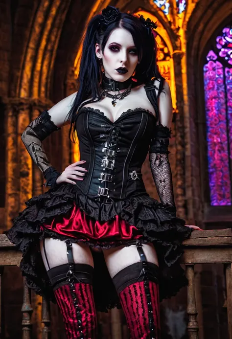 realistic photo, full shot, cyberpunk and gothic style, gothic, dark, futuristic, neo-gothic, steampunk gothic, woman (age 30), (realistic face), futuristic gothic outfit, pale skin, black gothick makeup, long dark hair in gothick hairstyle, with red highl...