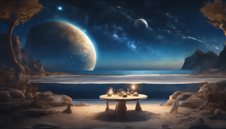 huge planet, night, starry sky, surrealism, table top, High resolution、impressive milky way:1.9、sandy beach、vast blue sea、blue glacier、lightning:1.9、protoplanet