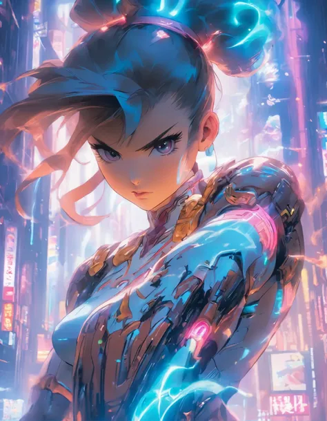 （best quality：1.3），（masterpiece：1.2），16k，level picture quality，future technology，1girl，A Chinese Chun-Li wearing a cyberpunk-style mecha costume，meatball head，（glowing electronic screen），（Electronic information flow：1.3），Holographic projection，（Glowing ele...