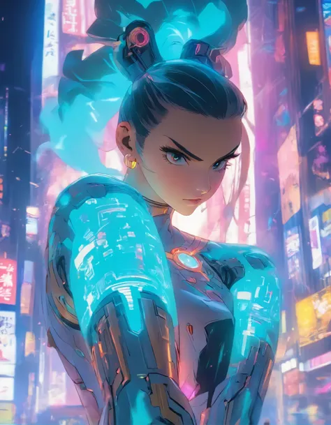 （best quality：1.3），（masterpiece：1.2），16k，level picture quality，future technology，1girl，A Chinese Chun-Li wearing a cyberpunk-style mecha costume，meatball head，（glowing electronic screen），（Electronic information flow：1.3），Holographic projection，（Glowing ele...