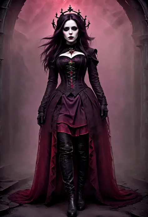 realistic photo, full shot, gothic style, gothic, dark, neo gothic, steampunk gothic, woman (age 30), (realistic face), futuristic gothic outfit, pale skin, gothick makeup, long dark hair in gothick hairstyle with red and purple highlights, tight corset, g...