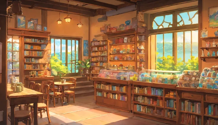 cafe store　inside the room　There is a loft　Stacked Books　no humans　open window　refreshing daytime　Bright　Ghibli style