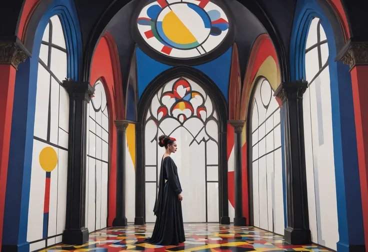 Imagine a mesmerizing 3D-generated painting that seamlessly blends the contrasting styles of Piet Mondrian and Frida Kahlo with the enigmatic themes of Gothic art. In this visual masterpiece, envision Gothic architectural elements forming the backdrop, cha...