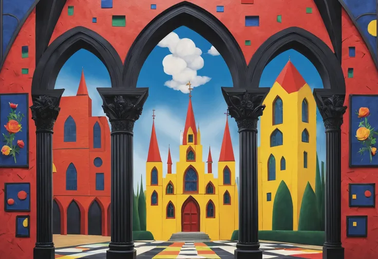 Imagine a mesmerizing 3D-generated painting that seamlessly blends the contrasting styles of Piet Mondrian and Frida Kahlo with the enigmatic themes of Gothic art. In this visual masterpiece, envision Gothic architectural elements forming the backdrop, cha...