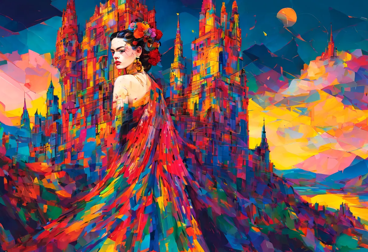 imagine a mesmerizing 3d-generated painting that seamlessly blends the contrasting styles of piet mondrian and frida kahlo with ...